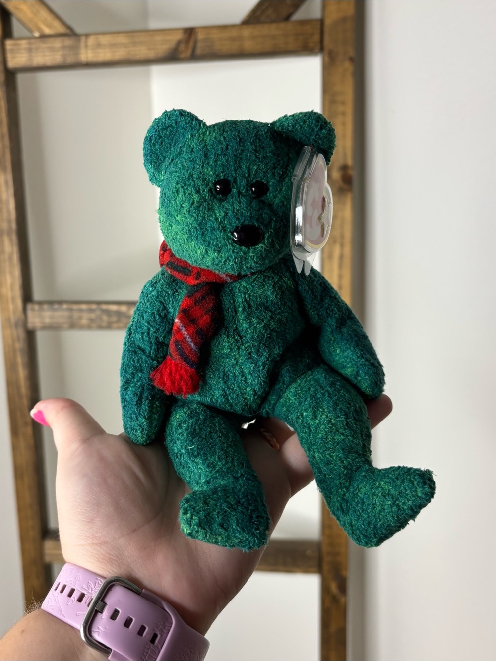 Ty Beanie Baby Wallace Green Plush Bear with Red Plaid Scarf